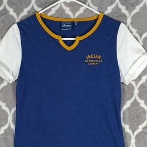 Indian Motorcycle T-Shirt Women XS Blue Yellow Contrast Notch Neck Spellout Tee